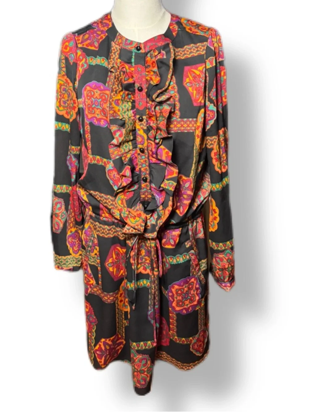 Phoebe Couture Black Long Sleeve Paisley Medallion Dress with Multicolor Accents - Picture 2 of 13